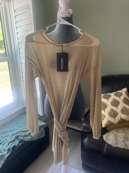 PrettyLittleThing Dresses & Skirts - PrettyLittleThing Metallic Beige Twist-Front Long Sleeve Dress